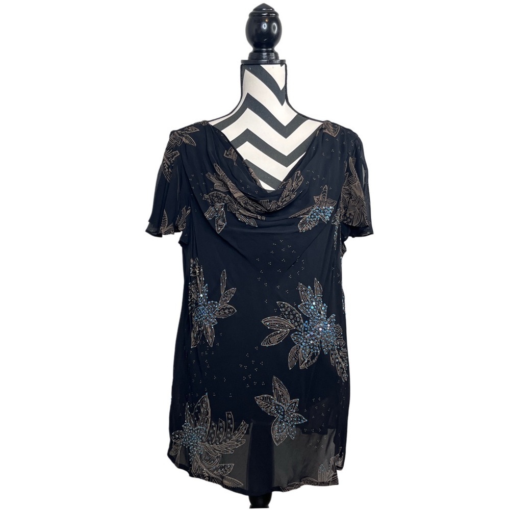 Witchy Whimsigoth Y2k Dark Floral Sheer Layered Cowl Neck Blouse Sz 22WP